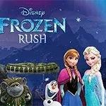 Karakterer i vinterklær med et fjellandskap i bakgrunnen og teksten Frozen Rush ovenfor
