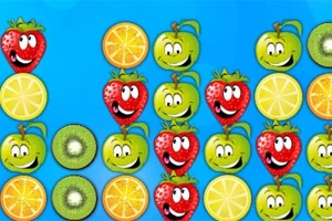 Fargerike frukter med ansikter, inkludert jordbær, appelsiner, epler, sitroner og kiwi, ordnet i et rutenett på en blå bakgrunn