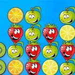 Fargerike frukter med ansikter, inkludert jordbær, appelsiner, epler, sitroner og kiwi, ordnet i et rutenett på en blå bakgrunn