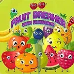 Tegneserieaktige frukter med ansikter, inkludert bananer, epler, ananas og bringebær, på en lys bakgrunn med teksten Fruit Breaker with Blueberry