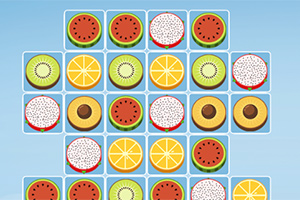 Et rutemønster med fruktbilder som viser vannmelon, dragefrukt, appelsin, kiwi og ananas på blå bakgrunn