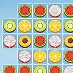 Et rutemønster med fruktbilder som viser vannmelon, dragefrukt, appelsin, kiwi og ananas på blå bakgrunn