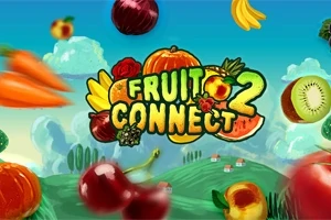 Fargerik illustrasjon med ulike frukter og grønnsaker som kirsebær, kiwi, gulrøtter, løk og bananer mot en blå himmel med en logo i midten