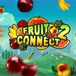 Fargerik illustrasjon med ulike frukter og grønnsaker som kirsebær, kiwi, gulrøtter, løk og bananer mot en blå himmel med en logo i midten