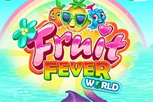 Flerfarget tittel med teksten Fruit Fever World, omgitt av animerte frukter og en regnbue bakgrunn
