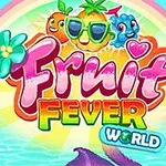 Flerfarget tittel med teksten Fruit Fever World, omgitt av animerte frukter og en regnbue bakgrunn
