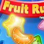 Fargerik illustrasjon med fruktstykker som stjernefrukt, appelsinbåt, kiwi og designelementer på blå bakgrunn