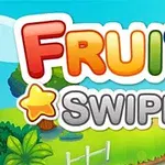 Fargerik tekst med ordet Fruita Swipe på en landskapsbakgrunn med blå himmel, grønne planter og en sti