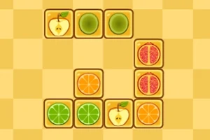 Fruktikoner arrangert i rutenett på en gulrutet bakgrunn, med ulike typer frukt som epler, kiwi, grapefrukt, appelsiner og lime