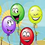 Fem fargerike ballonger med ansikter svever foran en strandbakgrunn med palmer og solskinn