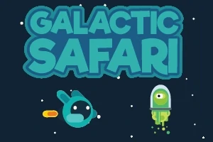 Tegneseriegrafikk med teksten «Galactic Safari» over en blå skapning og et grønt romvesen i rommet