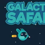 Tegneseriegrafikk med teksten «Galactic Safari» over en blå skapning og et grønt romvesen i rommet
