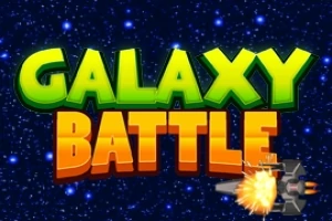 Fargerike bokstaver med teksten GALAXY BATTLE mot en stjernehimmel bakgrunn, med et romskip som skyter en eksplosjon i nederste hjørne