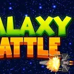 Fargerike bokstaver med teksten GALAXY BATTLE mot en stjernehimmel bakgrunn, med et romskip som skyter en eksplosjon i nederste hjørne