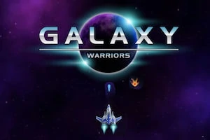 Romskip foran en planet med teksten Galaxy Warriors opplyst i bakgrunnen