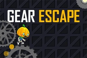 Gresskarfigur i romdrakt ved siden av store tannhjul på en mørk bakgrunn med teksten GEAR ESCAPE