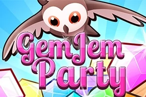 En tegnet ugle flyr over fargerike edelstener med teksten Gem Jem Party i rosa bokstaver