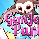 En tegnet ugle flyr over fargerike edelstener med teksten Gem Jem Party i rosa bokstaver