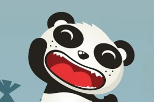 En tegnet panda med store øyne og åpen munn som ser glad ut