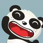 En tegnet panda med store øyne og åpen munn som ser glad ut