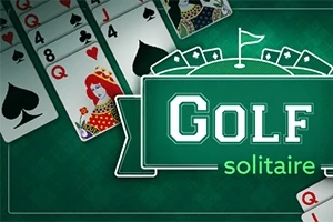 Leker kortspredning med en dame i spar og teksten Golf Solitaire på grønn bakgrunn
