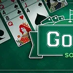 Leker kortspredning med en dame i spar og teksten Golf Solitaire på grønn bakgrunn