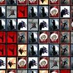 Et rutenett med fargerike fliser som har ulike bilder av silhuetter, våpen og symboler