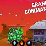 En animert scene med en figur som skyter på et stort, grønt monster foran en hytte under en rød himmel