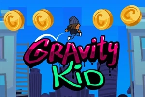 En tegnet figur med lue hopper i et bylandskap under ordet Gravity Kid omgitt av gullmynter