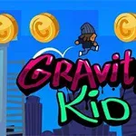 En tegnet figur med lue hopper i et bylandskap under ordet Gravity Kid omgitt av gullmynter