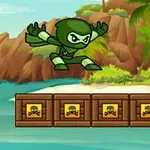 En grønn ninja svever over kasser ved en tropisk strand med palmer i bakgrunnen