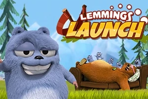 En blå pelskledd figur smiler foran en sovende bjørn med små, blågnagere på ryggen, med teksten Lemmings Launch i bakgrunnen