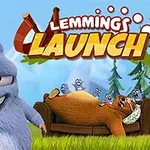 En blå pelskledd figur smiler foran en sovende bjørn med små, blågnagere på ryggen, med teksten Lemmings Launch i bakgrunnen
