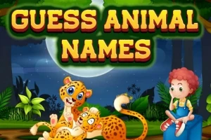 En illustrasjon av en jungelscene med to leopardunger som leker, en sittende gutt, og teksten Guess Animal Names i store bokstaver