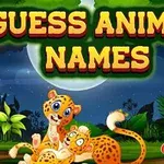 En illustrasjon av en jungelscene med to leopardunger som leker, en sittende gutt, og teksten Guess Animal Names i store bokstaver