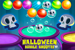 Fargerike bobler og tegneserieskaller på en blå bakgrunn med teksten Halloween Bubble Shooter nederst
