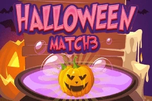 Et grusomt smilende gresskar flyter i en lilla bryggesgryte med vokslys og skinnende bokstaver som sier Halloween Match3 i bakgrunnen