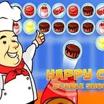 En tegneseriekokk med en hvit uniform og blå bakgrunn peker mot dessertbobler i en fargerik fremstilling