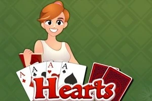 Person i tegneseriestil holder spillekort foran en grønn bakgrunn med teksten Hearts