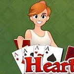 Person i tegneseriestil holder spillekort foran en grønn bakgrunn med teksten Hearts