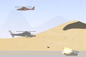To helikoptre flyr over en ørken med en tank som eksploderer på bakken