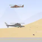 To helikoptre flyr over en ørken med en tank som eksploderer på bakken