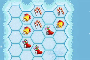 Hexagonale fliser med juletema dekorasjoner som bjeller, godteristenger og julestrømper på en blå isbakgrunn