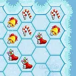 Hexagonale fliser med juletema dekorasjoner som bjeller, godteristenger og julestrømper på en blå isbakgrunn