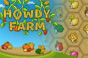 Howdy Farm-logo med grønnsaker som mais, tomater og paprika på en landlig bakgrunn