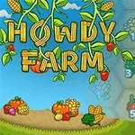 Howdy Farm-logo med grønnsaker som mais, tomater og paprika på en landlig bakgrunn