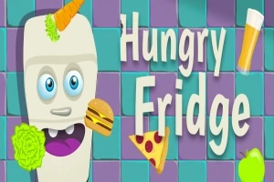Et kjøleskap med et ansikt omringet av mat som burger, pizza, salat, gulrot, eple og et glass, med teksten Hungry Fridge på en rutete lilla og blå bakgrunn