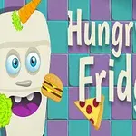 Et kjøleskap med et ansikt omringet av mat som burger, pizza, salat, gulrot, eple og et glass, med teksten Hungry Fridge på en rutete lilla og blå bakgrunn