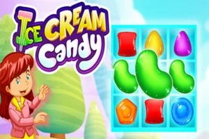 En tegnet figur står ved siden av et brett med fargerike godteri-stykker og teksten Ice Cream Candy