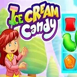 En tegnet figur står ved siden av et brett med fargerike godteri-stykker og teksten Ice Cream Candy
